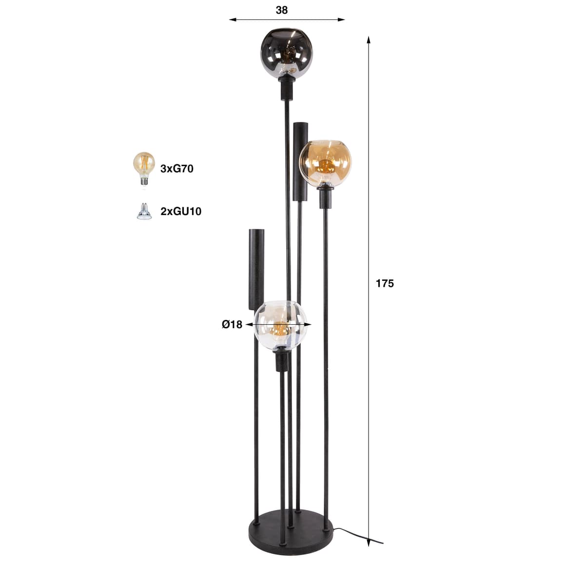 Vloerlamp Sfeer 5 Lichts met glazen bollen en spots - 4